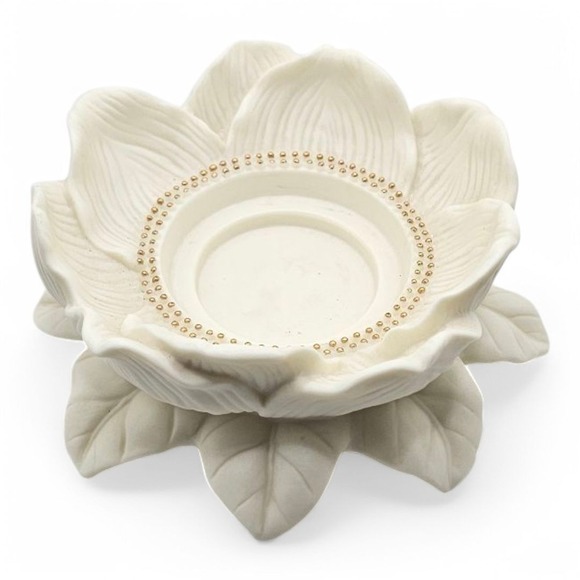 Partylite Porcelain Bisque Magnolia Lotus Flower Blossom Candle Holder Gold Bead - Picture 4 of 7